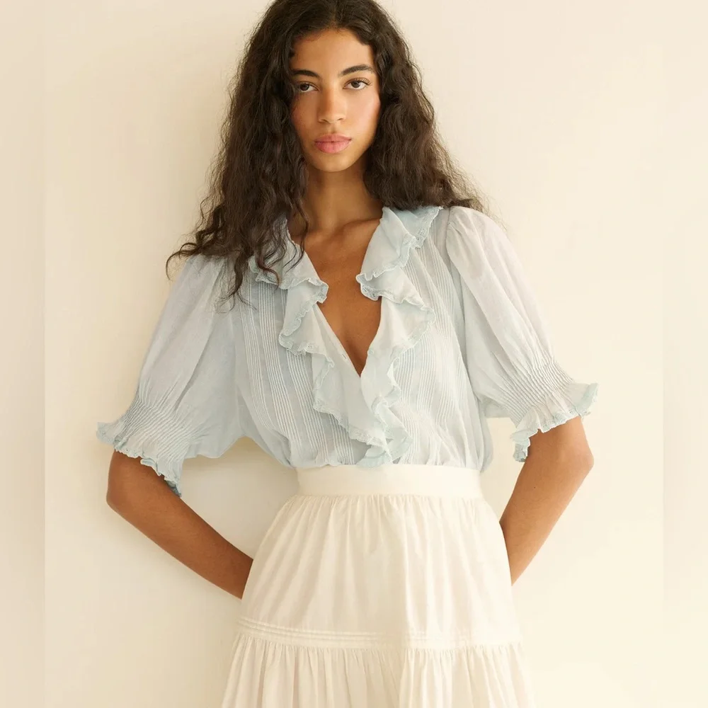 Doen NWT Medium Henri Ruffle Cotton Blouse in Alice Blue - Picture 2 of 14